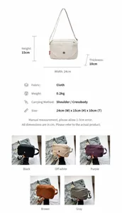 Detailed chart showing nylon crossbody bag dimensions 24x15x10cm and five color options