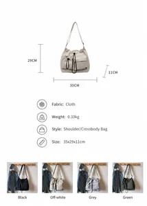Detailed view of durable nylon drawstring bucket bag with adjustable strap and dimensions