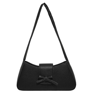 Sac sous le bras minimaliste noir avec nœud décoratif et texture élégante en litchi
