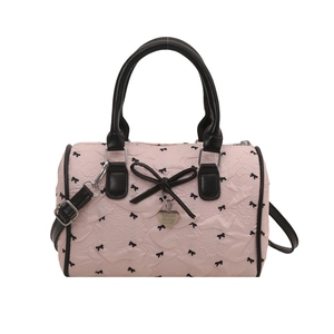 Pink and black pleated Boston handbag with bow prints and heart metal logo pendant