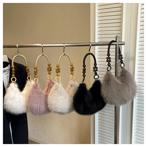 Chic faux fur shoulder bag with beaded handle, half moon shape, stylish plush handbag set