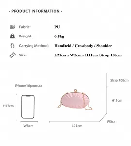 Size comparison of a pink ruffled PU shell bag next to an iPhone 16 Pro Max