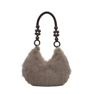 Plush brown faux fur tote bag with stylish beaded wooden handle for autumn and winter