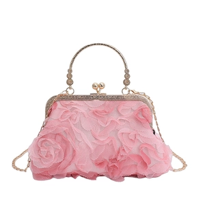 Elegant pink floral lace evening bag with vintage gold handle and chain strap for women