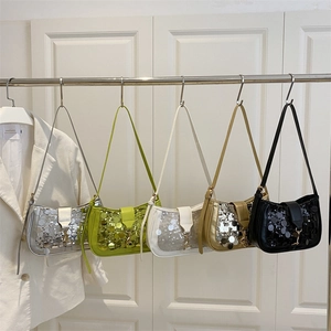 Five colors of sequin shoulder bags with metal chain straps for a trendy summer look