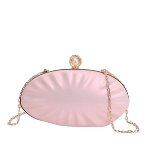 Pink satin pleated shell clutch with large pearl clasp and golden chain strap