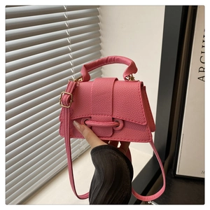 Macro detail of pink lychee leather mini crossbody bag with gold buckle and strap