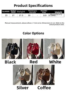 Detailed size chart for retro bucket bag with PU leather dimensions and color options