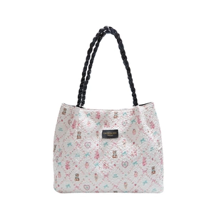 White tote bag with cute cartoon bear print and black shoulder strap for daily use