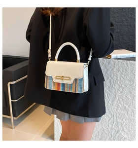 Detail view of woven small square bag with colorful stripes and gold metal lock on black suit