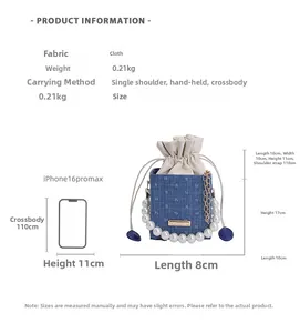 Detailed size chart for mini denim bucket bag with pearl handle and golden chain