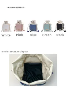 Detail of drawstring bucket bags in five colors with pearl handles and interior view