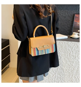 Detail einer braunen Ledertasche mit farbiger Webstruktur auf einem Innensockel