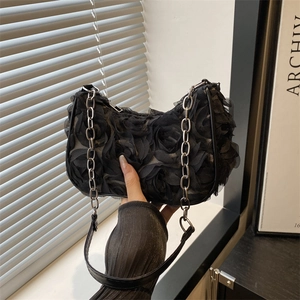 Elegant black mesh 3D rose shoulder bag with silver chain strap and crescent shape