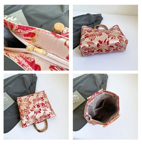 Detail of vintage Chinese jacquard tote with bamboo handles and multi-layer inner pockets