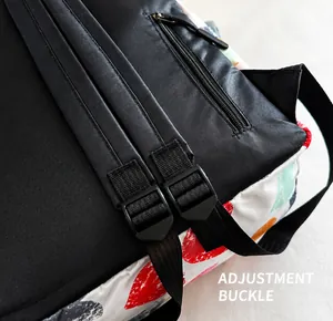 Detail of adjustable buckles and back zipper pocket on colorful graffiti backpack