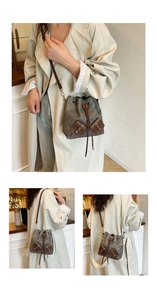 Détails du sac seau en toile avec poches en cuir marron et fermeture par cordon