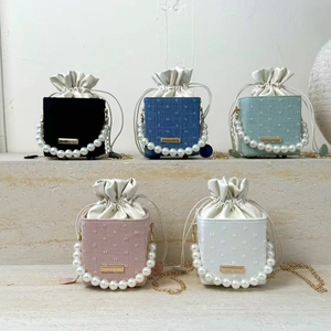 Women Mini Drawstring Bucket Bag Faux Artificial Pearl Handle Chain Strap Textured Fabric Shoulder Crossbody Box Bag Daily Fashion