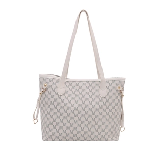 Chic grey monogram tote bag with adjustable side drawstrings and double top handles
