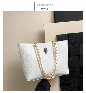Close-up of white tote bag featuring skull embossed PU leather and chain strap details
