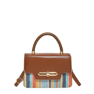 Fashionable contrast color woven crossbody bag with brown leather flap and gold lock