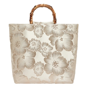Elegant off-white satin tote with floral embroidery and natural bamboo top handles