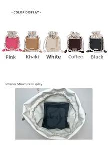 Detail view of mini drawstring bucket bags with pearl handles and metal chain straps