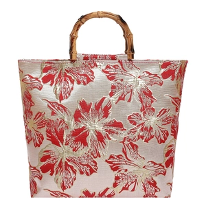 Oriental jacquard tote bag with natural bamboo handle and red floral vintage patterns