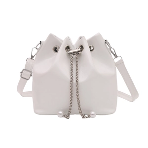 Minimalist white leather bucket bag with silver chain and pearl drawstring details