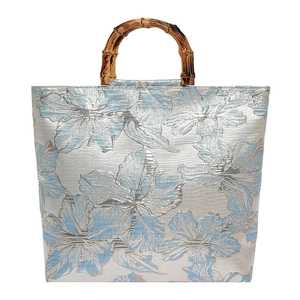 Elegant Chinese style floral jacquard tote bag with vintage brown bamboo handles