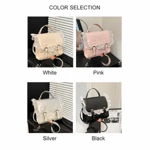 Detail of sweet lady's small square bag with lace trim and bow embossing in four colors