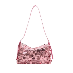 Chic pink sequin shoulder bag for women with sparkling texture and slim strap