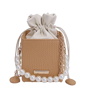 Chic camel woven bucket bag with pearl handle and golden chain strap for women