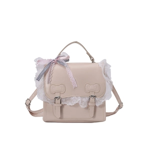Minimalist beige PU leather backpack with white lace edges and a pink checkered bow detail