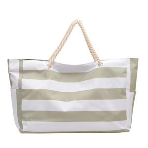 Green and white striped canvas beach tote bag with thick rope handles and large capacity