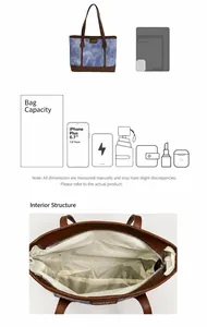Detail view of denim and leather tote showing large capacity for daily essentials