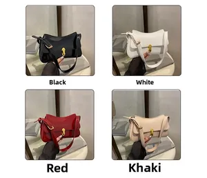 Four-grid view of retro saddle bags in black, white, red, and khaki with gold hardware