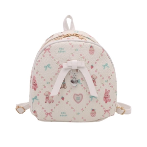 Sweet white cartoon mini backpack with floral patterns and a 3D decorative bow accent