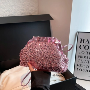 Chic pink sequin hobo bag with metallic pleats and thin shoulder strap for women
