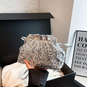 Silver sequin cloud shoulder bag in a premium black gift box with white fabric interior