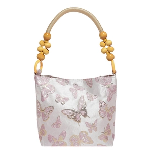 Sac à main style chinois avec broderie papillon et poignée en perles jaunes