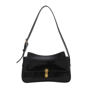 Glossy black patent leather saddle bag with gold U-shaped buckle and wavy edge design