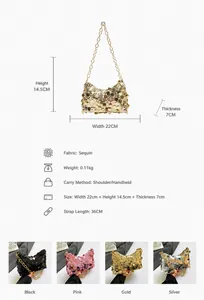 Spécifications détaillées de taille du sac croissant à paillettes avec dimensions et chaîne