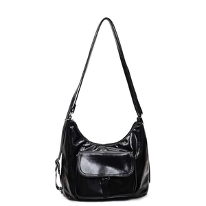 Sac fourre-tout noir brillant pour femme avec détails argentés et poche frontale
