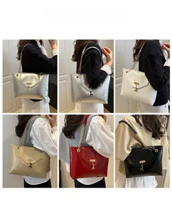 Collage of chic tote bags in metallic colors with chain straps and deer pendants