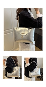 Silver metallic tote bag with chain strap and gold deer charm detail for women