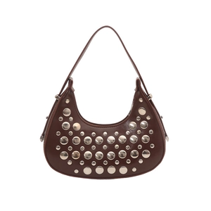 Deep brown leather bucket bag with silver stud rivets and a sleek crescent shape