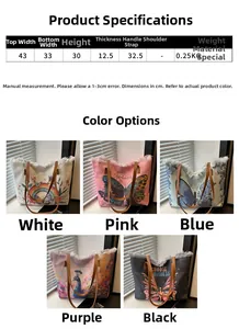 Tableau des tailles et options de couleurs pour le sac cabas en toile style ethnique