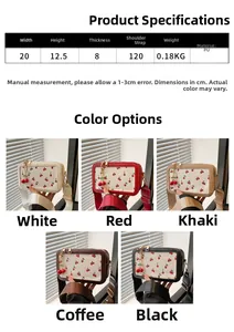 Detailed view of cherry print PU leather crossbody bags in five colors with dimensions