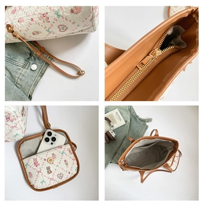 Détails du sac à bandoulière matelassé fleuri avec ours, fermeture éclair et poche interne
